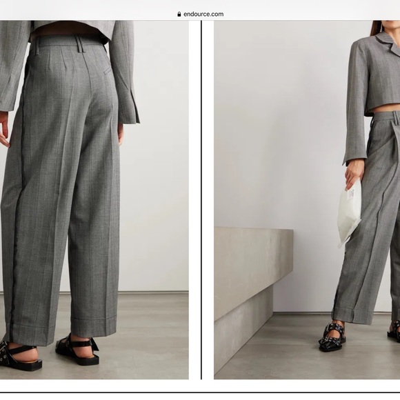 GANNI Grey Herringbone Suiting Relaxed Pleated Pants with lace trim - Picture 3 of 8